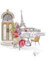 Design with the Eiffel tower, a cup of coffee and a cafÃÂ© entrance. Lantern decorated with flowers.